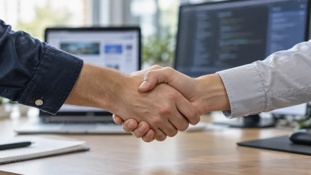 Illustrative handshake against a technical workspace, representing cooperation and trust