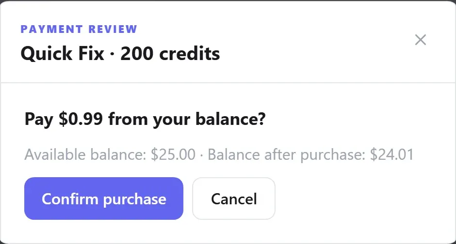Payment review dialog showing the selected credit quantity, price, account balance and confirmation action