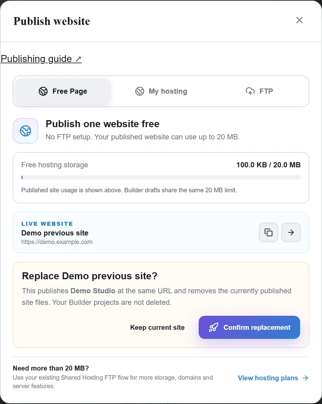 Free Page publishing dialog showing an existing example website, storage usage and replacement confirmation