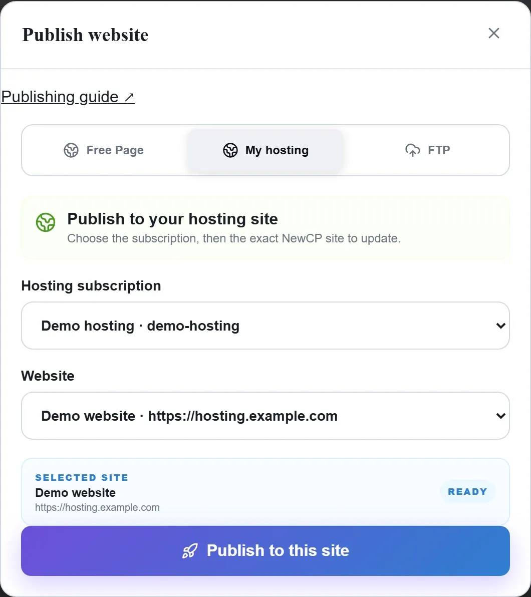 My hosting publish dialog with a hosting subscription, exact NewCP website and selected public address
