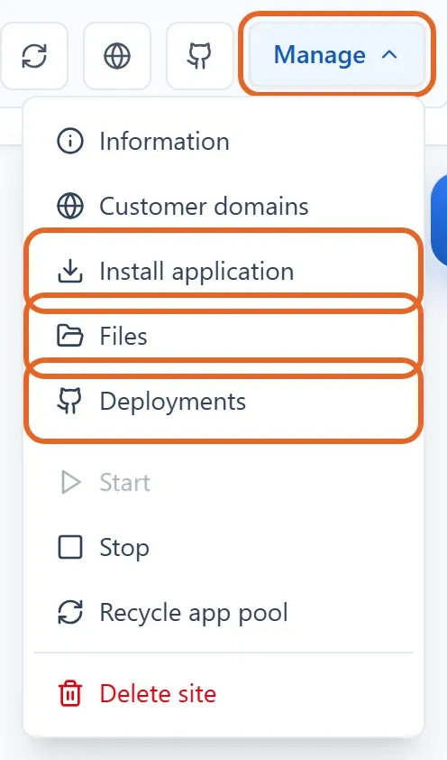 Open Manage menu with Install application, Files and Deployments outlined in orange