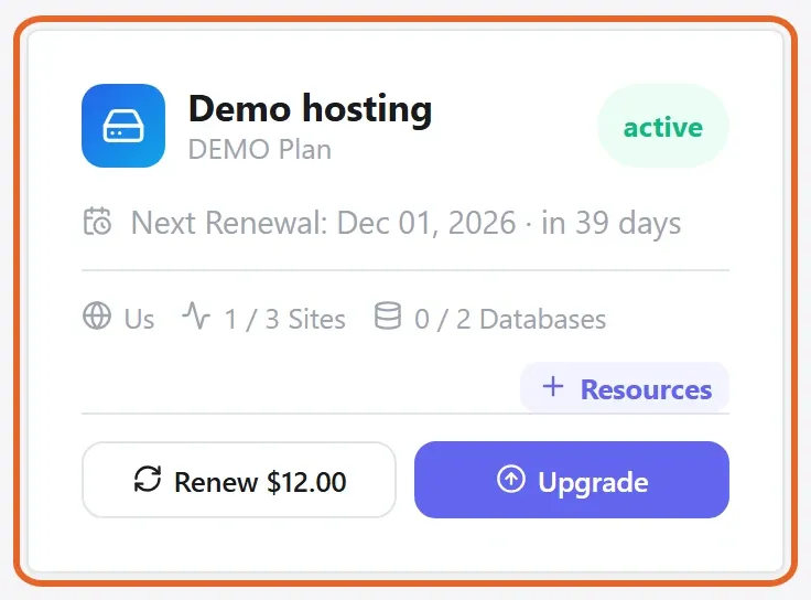 Active demo hosting subscription card in the customer centre, with the clickable card outlined in orange