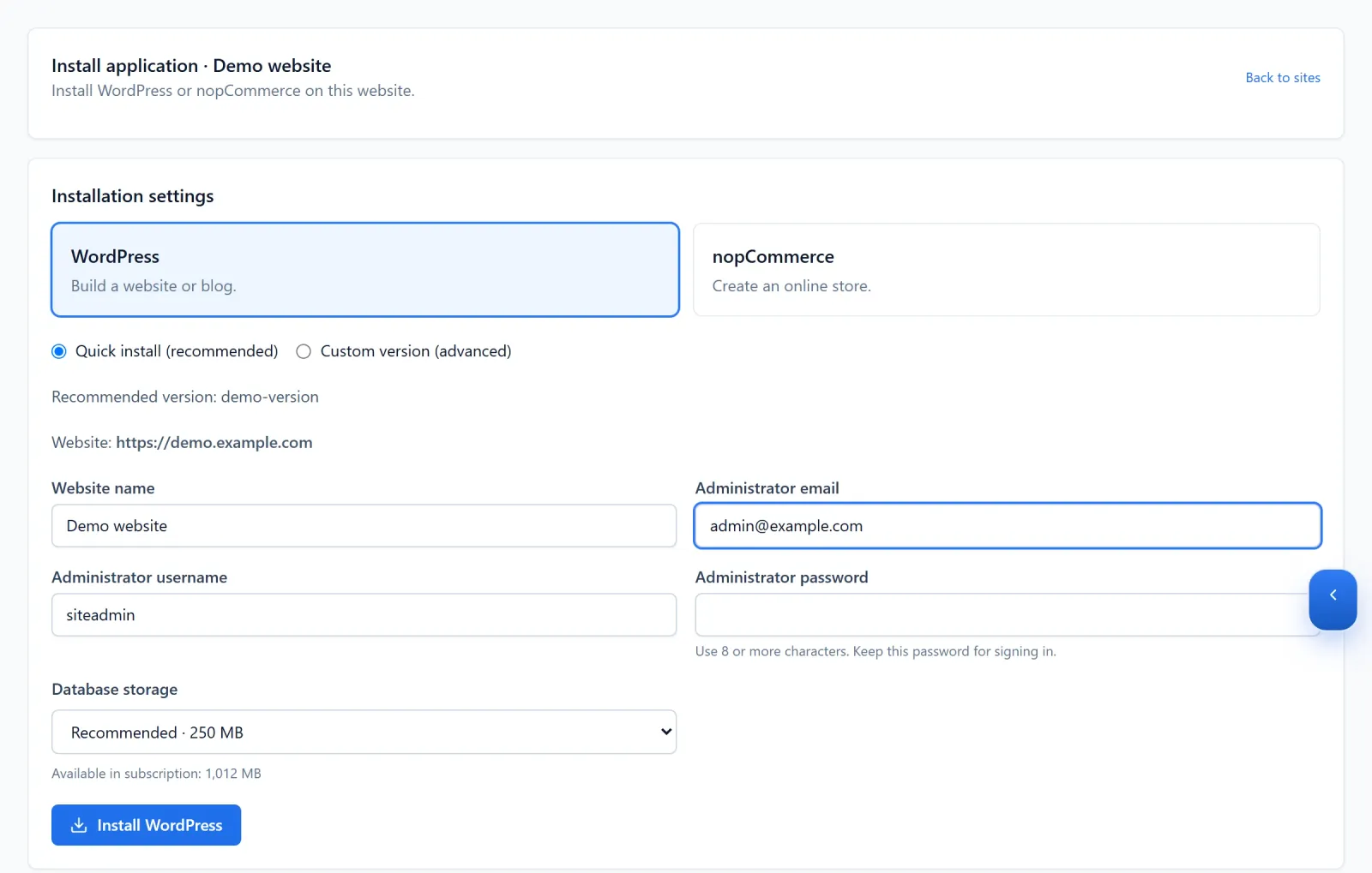 WordPress quick-install form with website, administrator and database storage settings