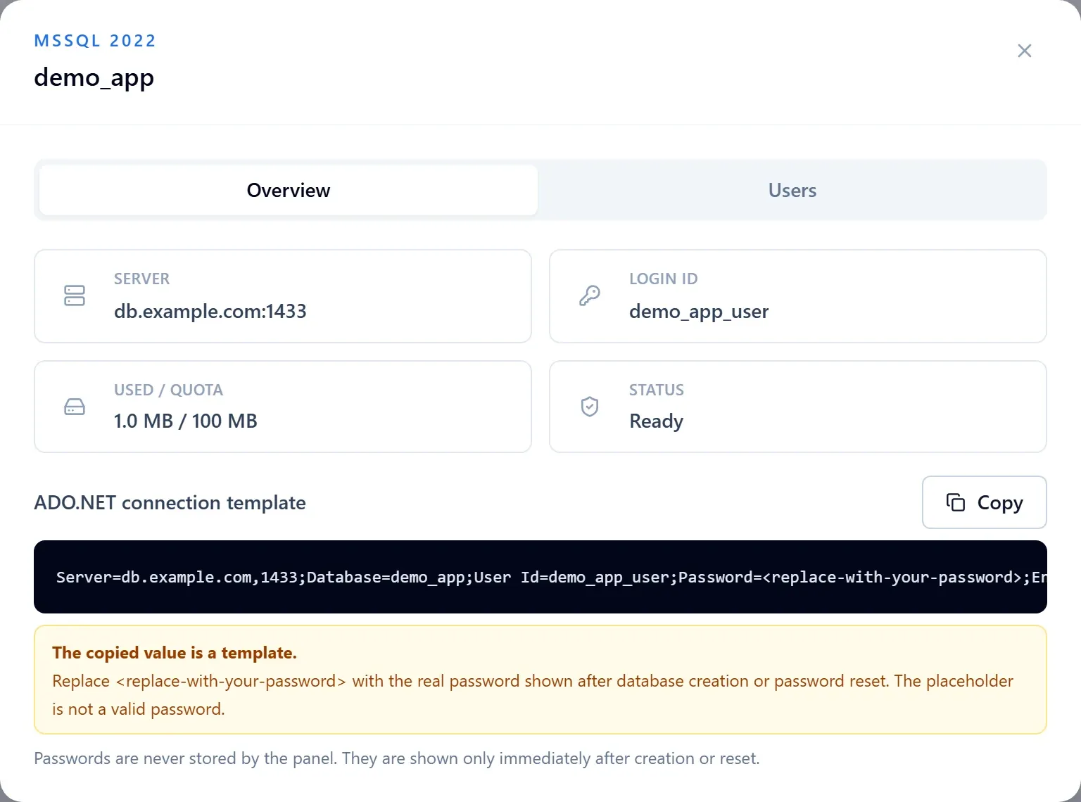 Database overview showing server, port, login ID and an ADO.NET connection template with a password placeholder