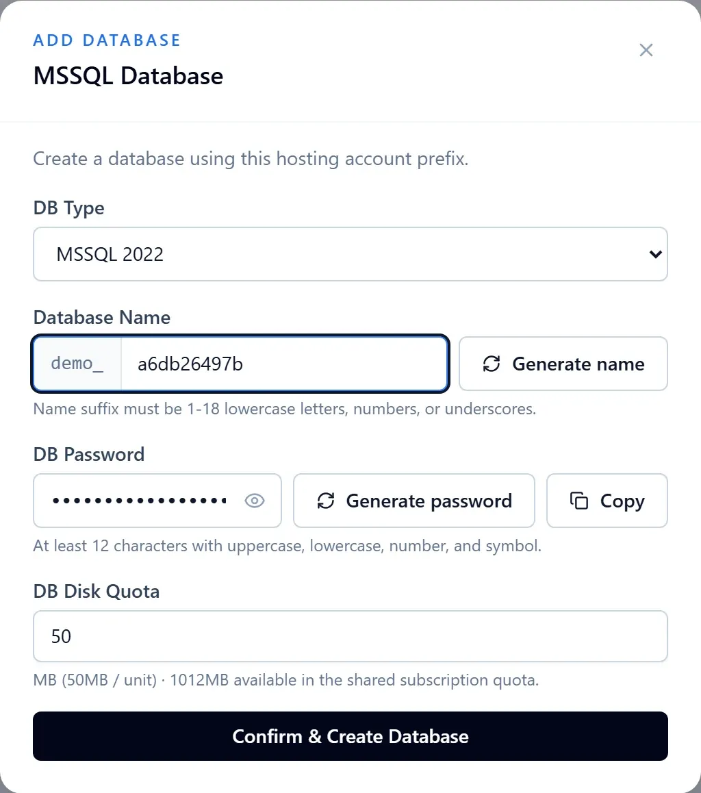 MSSQL database creation form with account prefix, name, password and shared storage quota