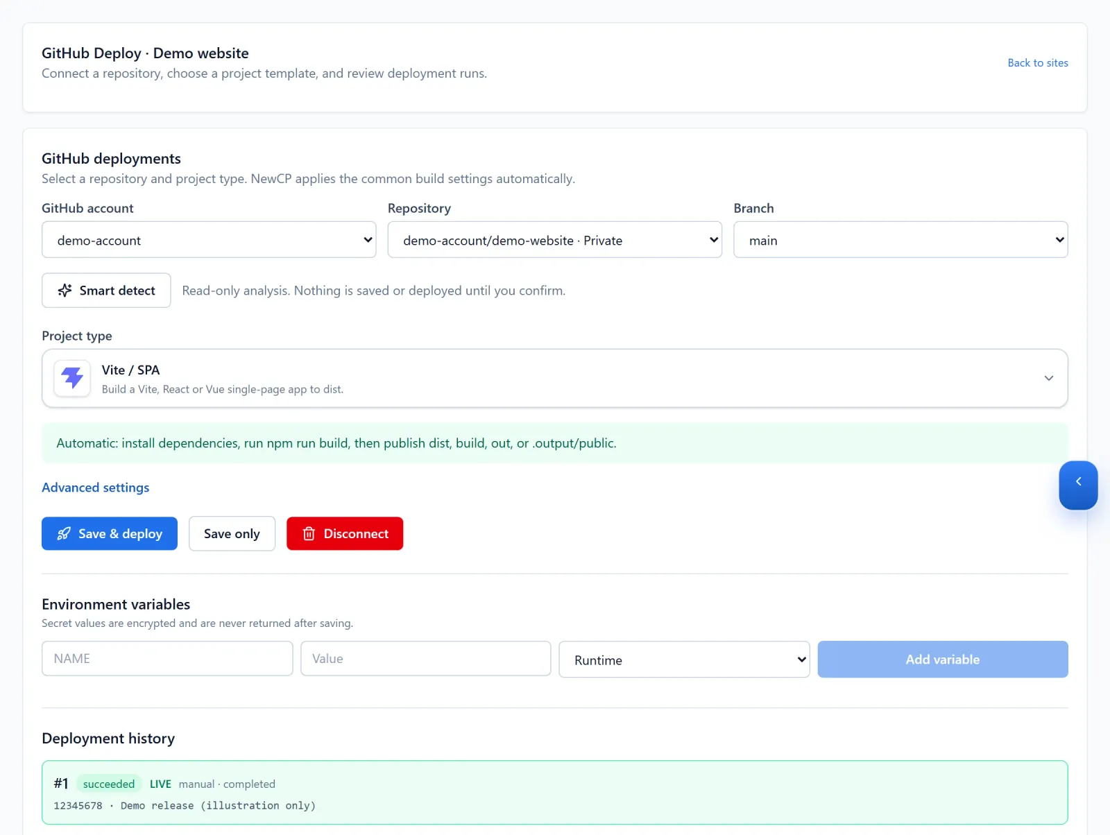 GitHub deployments with the selected account, repository, branch and project type