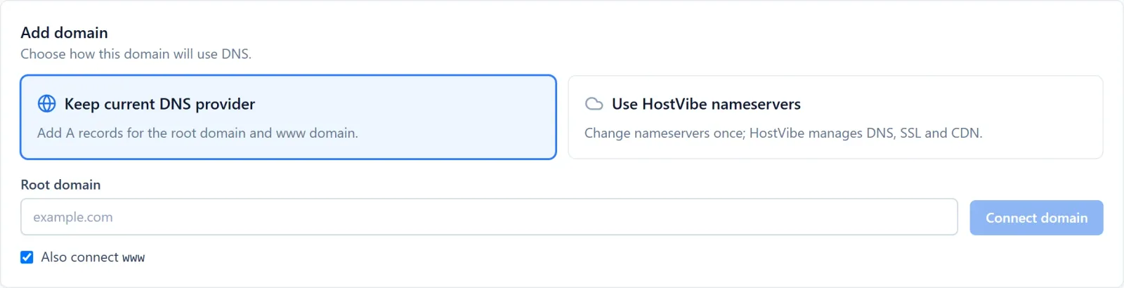 Add domain form showing DNS connection modes, root domain and the option to include www