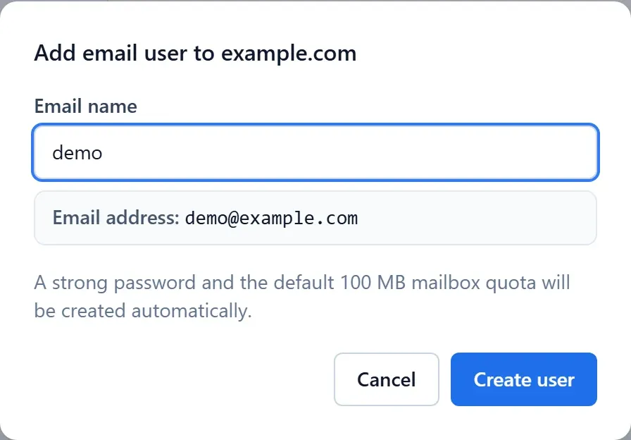 Add email user dialog showing the email name and resulting mailbox address