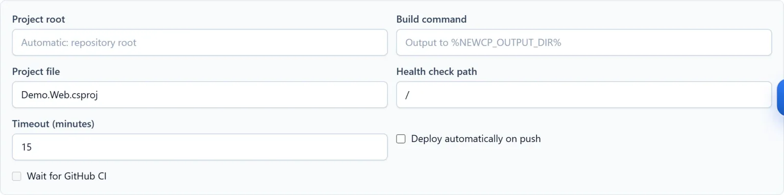 ASP.NET Core advanced deployment settings including project root, csproj file and health check path