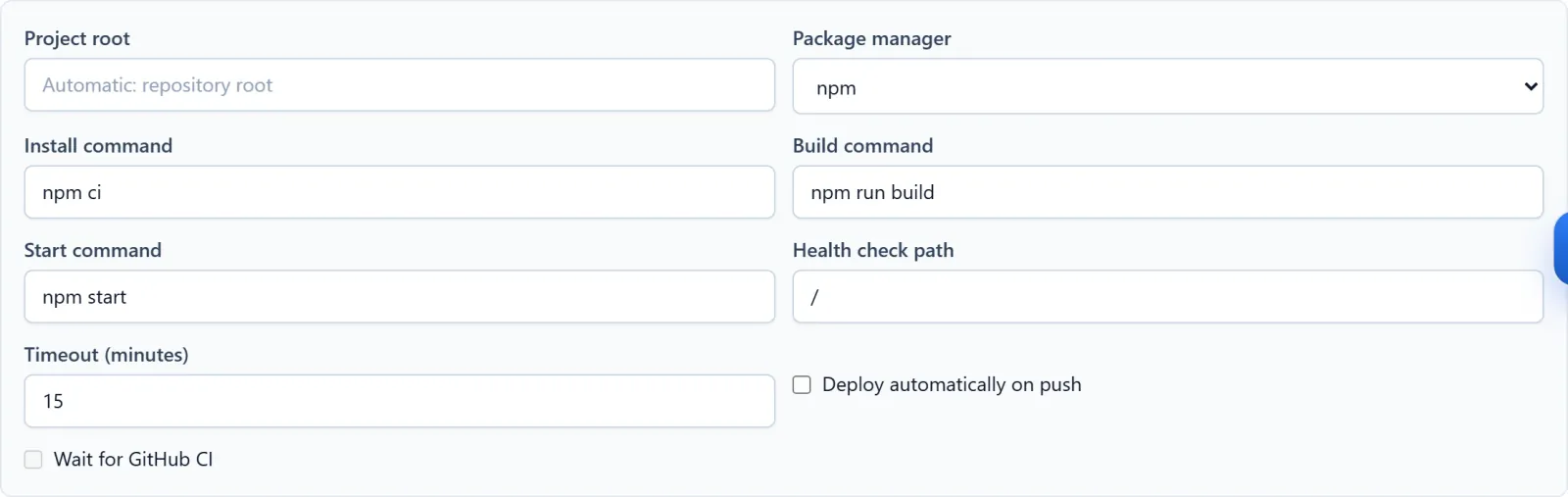 Node.js server settings showing install, build and production start commands