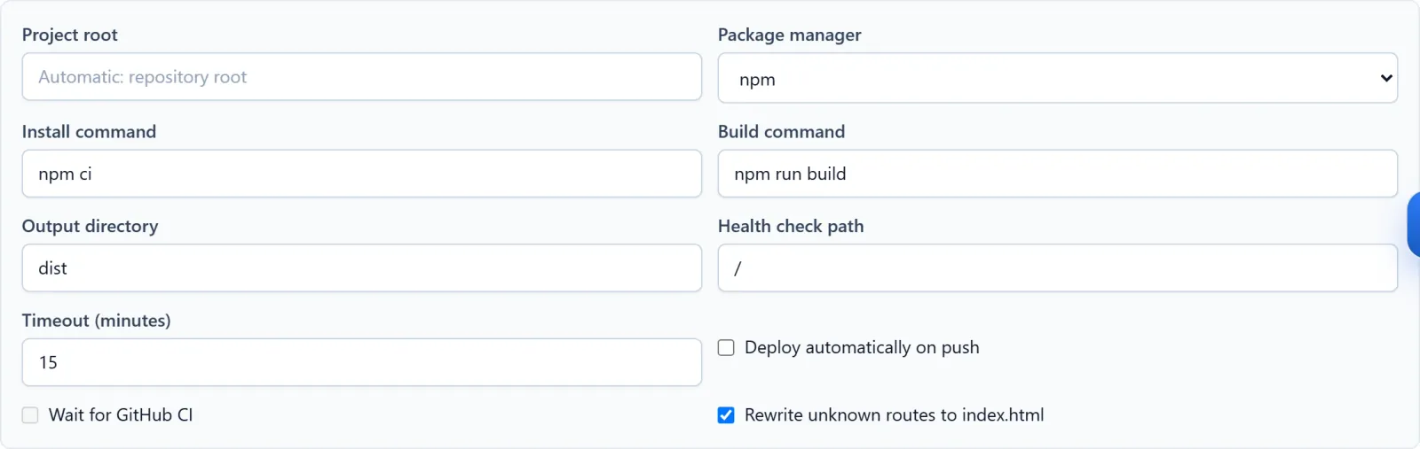 Static Node.js build settings with install command, build command and output directory