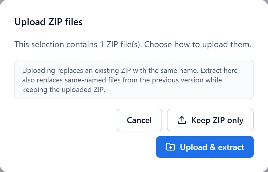 ZIP upload dialog asking whether to retain the archive or extract it into the current folder