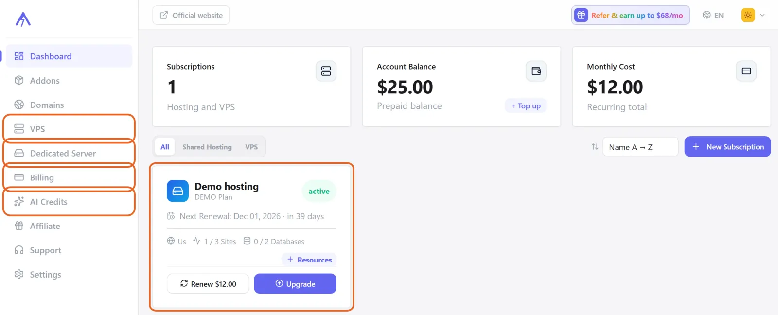 English customer centre dashboard highlighting the hosting subscription card and VPS, Dedicated Server, Billing and AI Credits navigation