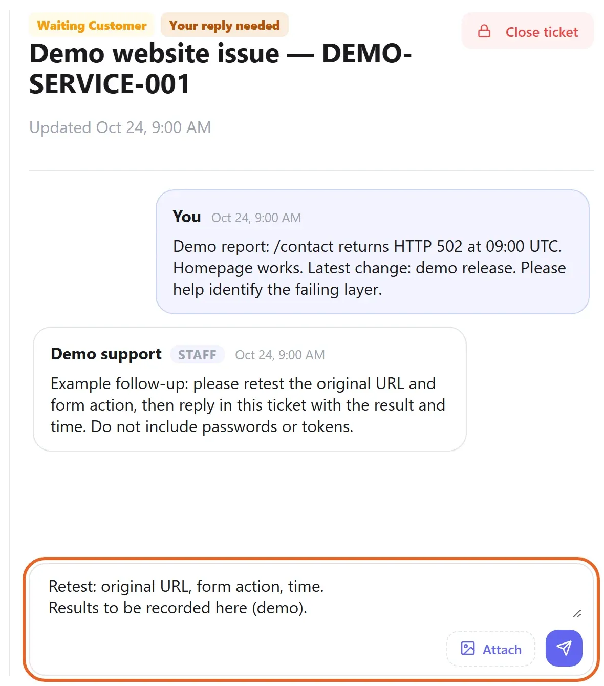 Original demo support ticket showing its reference, status, example response and highlighted reply field