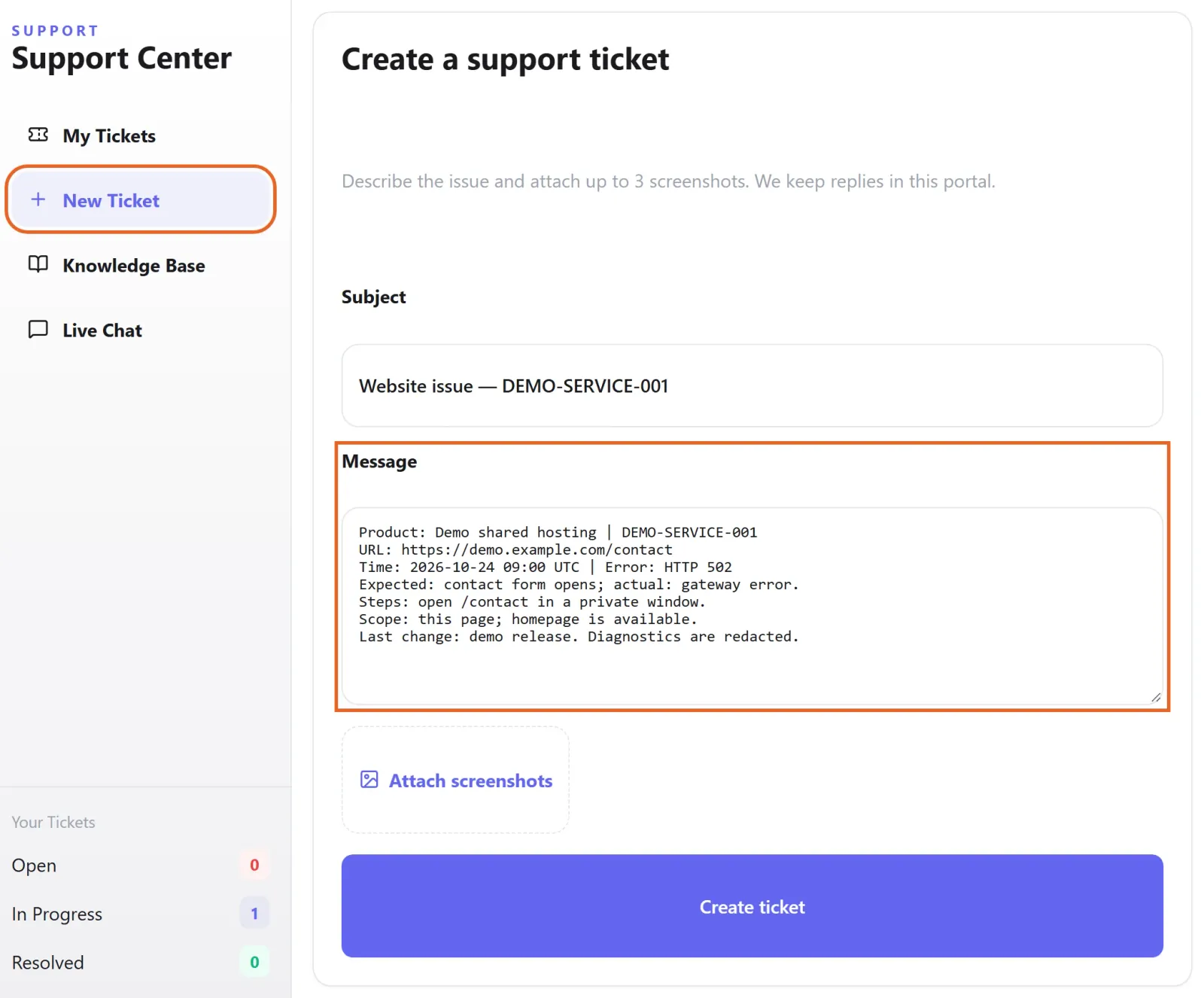 Support Center New Ticket form showing a demo service reference, URL, error, time, impact and reproduction steps