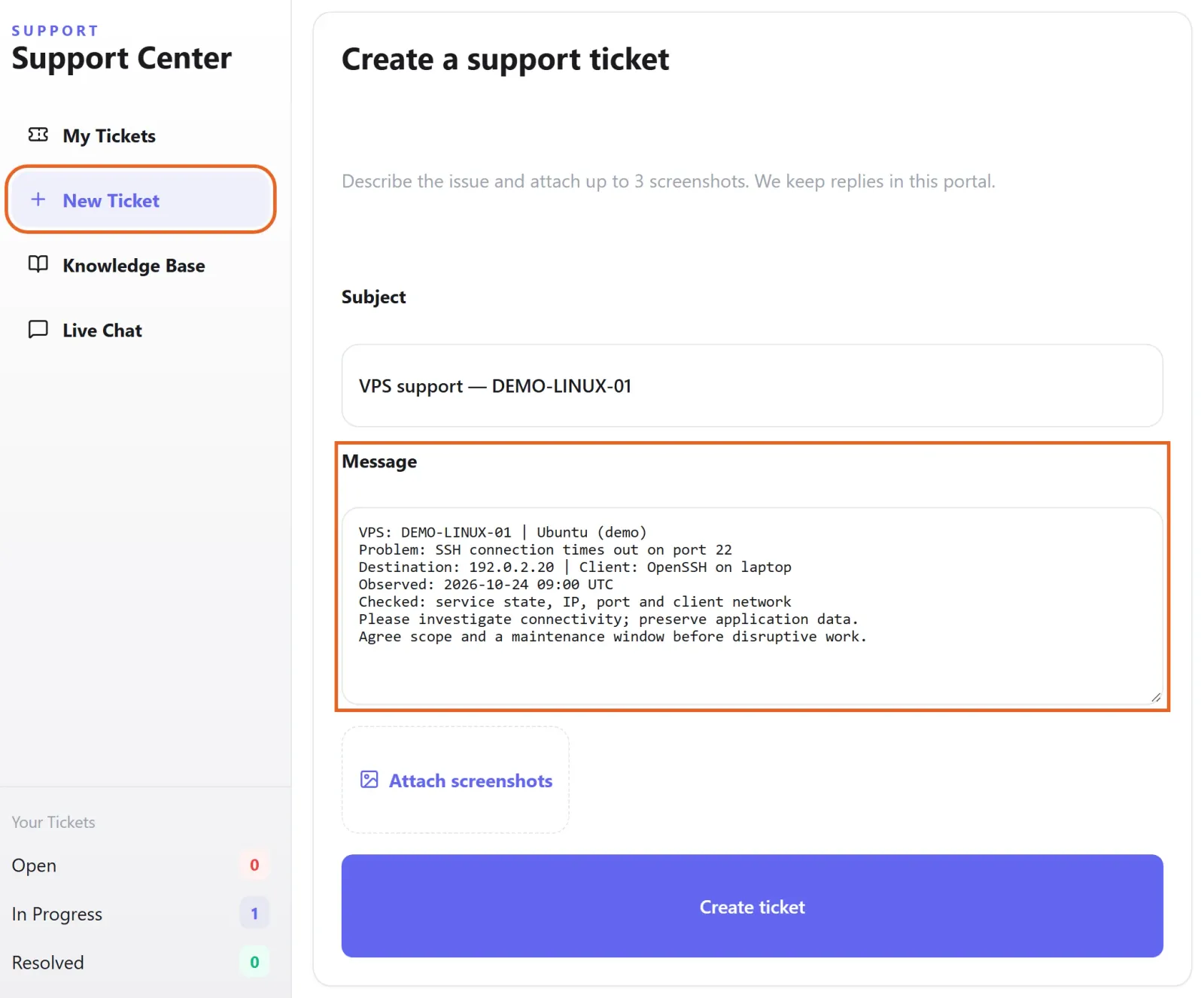 Support Center New Ticket form with a demo VPS reference, operating system, SSH symptom, timestamp and permitted diagnostic scope